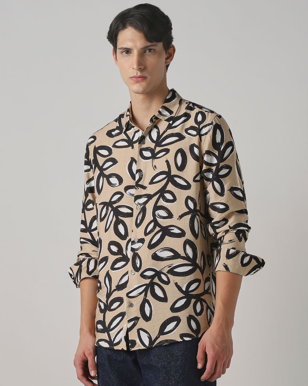 Light Khaki Leaf Print Slim Fit Casual Shirt