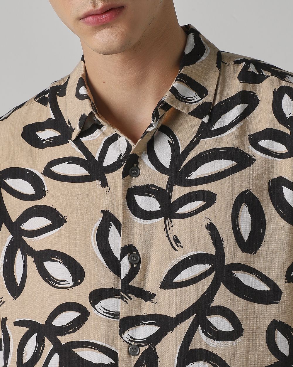 Light Khaki Leaf Print Slim Fit Casual Shirt