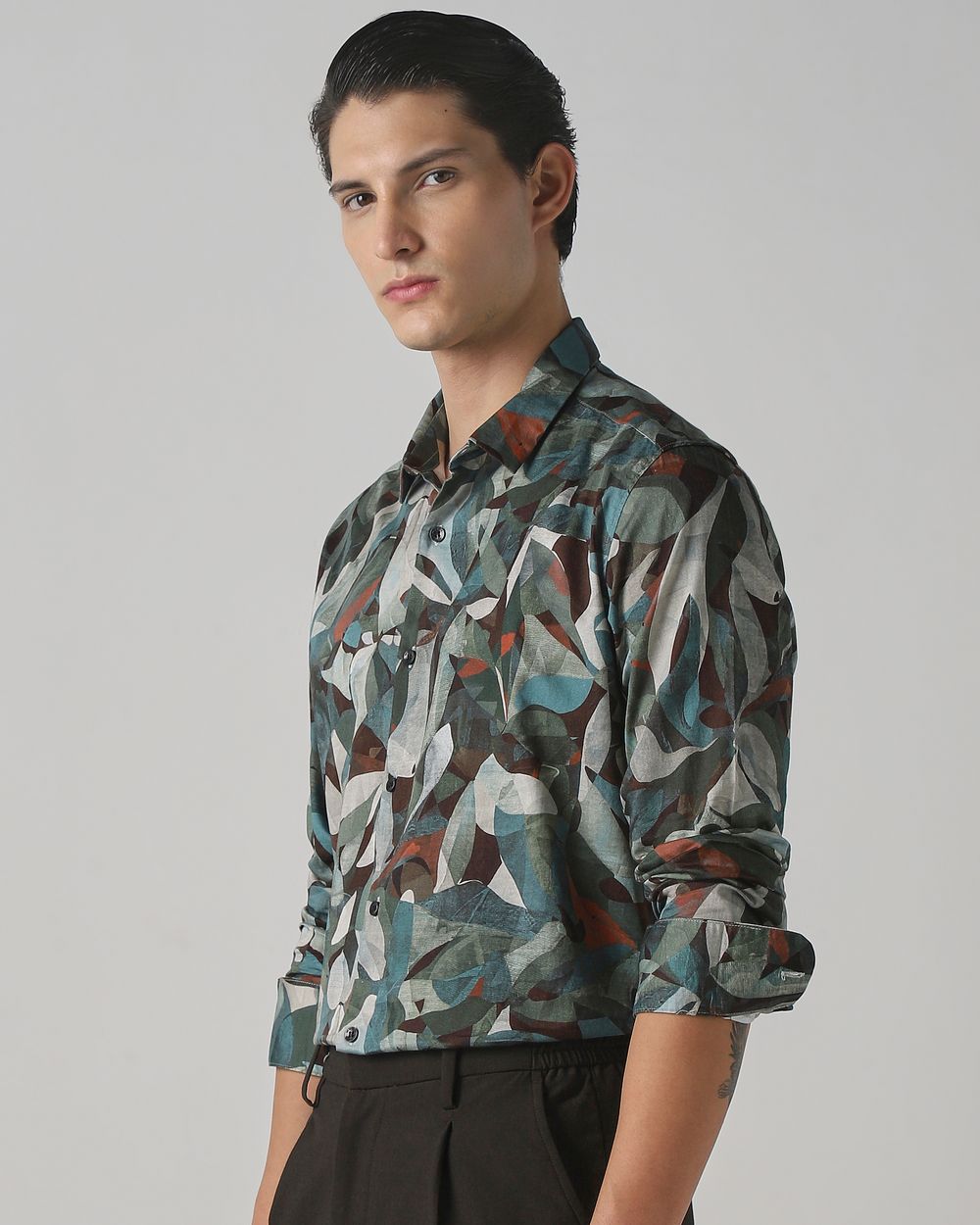 Olive Digital Print Slim Fit Casual Shirt