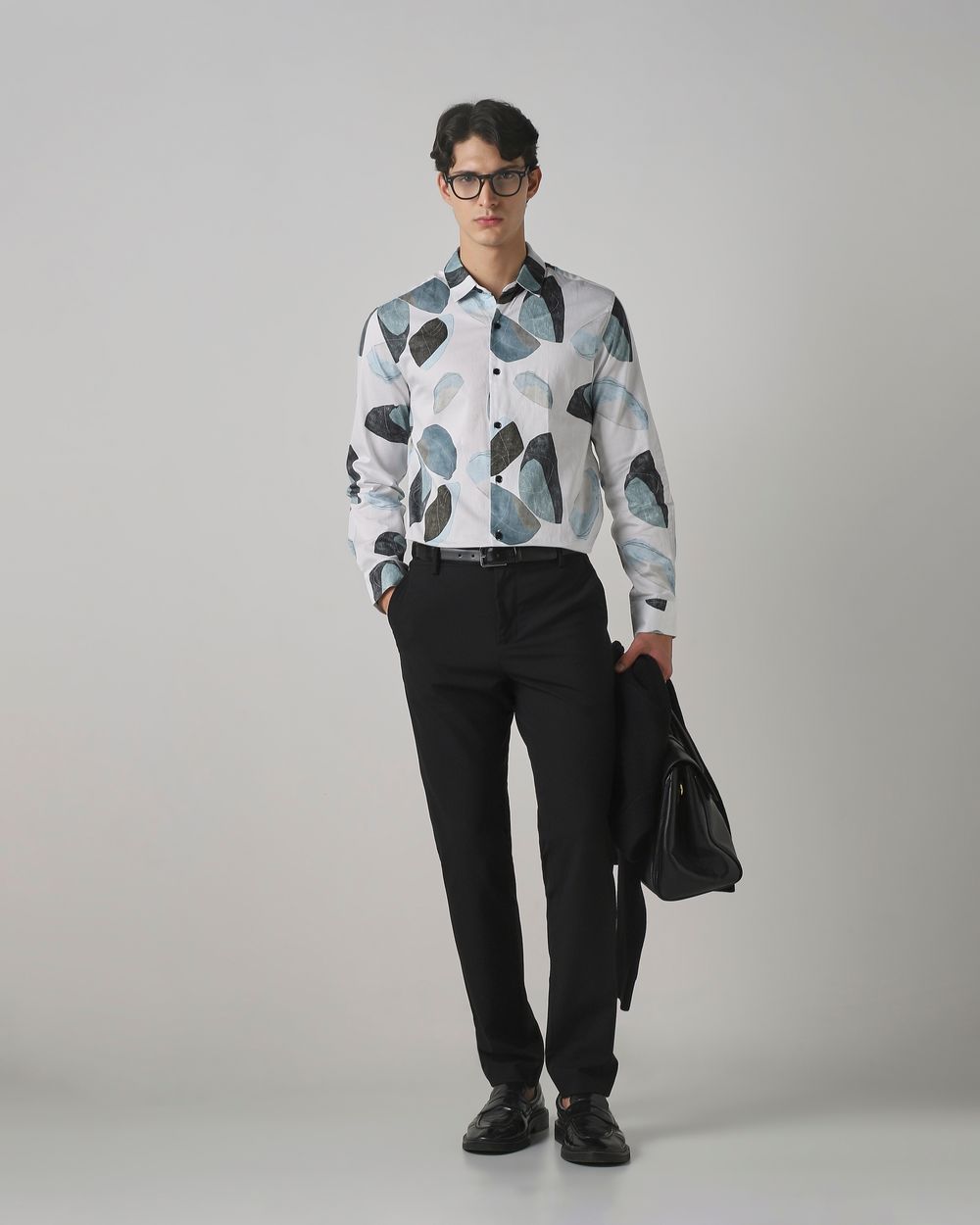 Iced Light Blue Abstract Print Slim Fit Casual Shirt