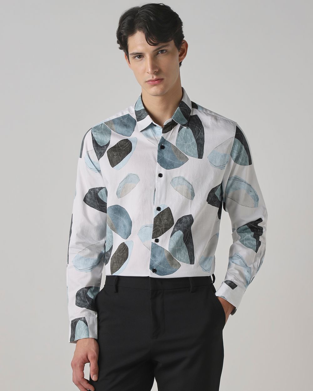 Iced Light Blue Abstract Print Slim Fit Casual Shirt