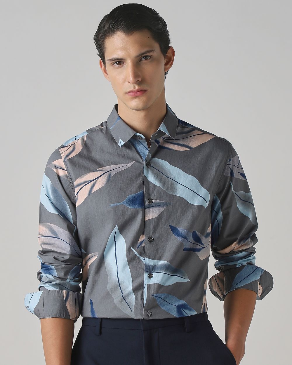 Grey Leaf Print Slim Fit Casual Shirt