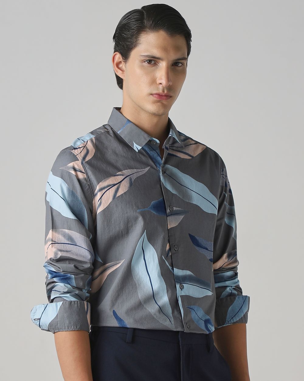 Grey Leaf Print Slim Fit Casual Shirt