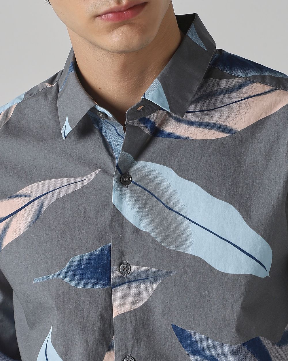 Grey Leaf Print Slim Fit Casual Shirt
