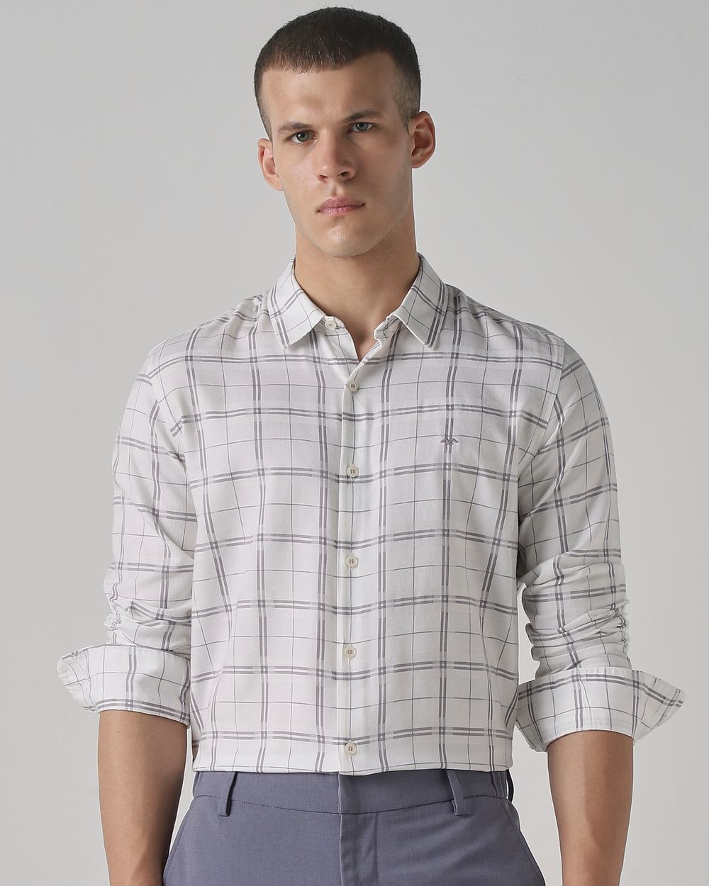 White Square Check Slim Fit Casual Shirt