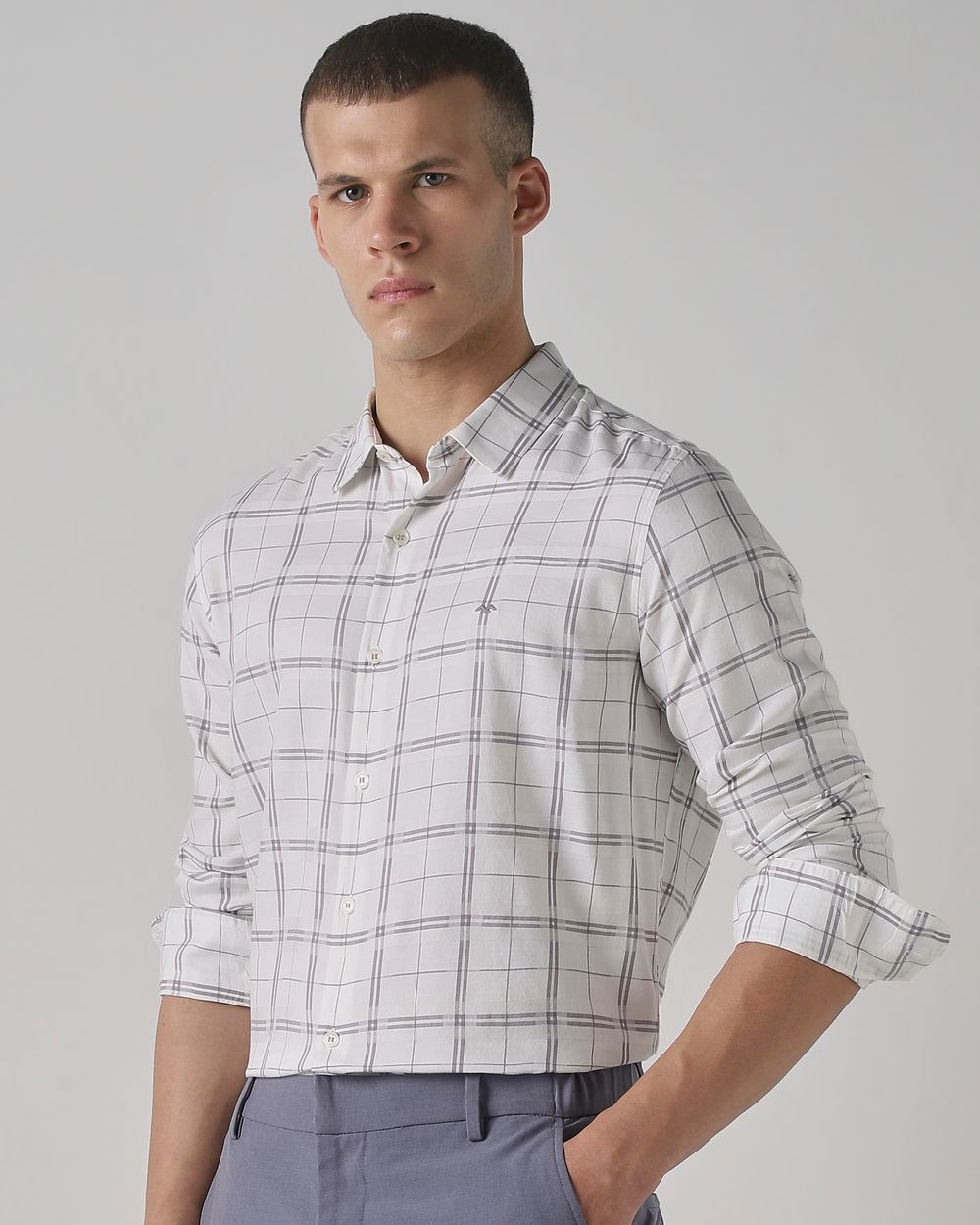White Square Check Slim Fit Casual Shirt