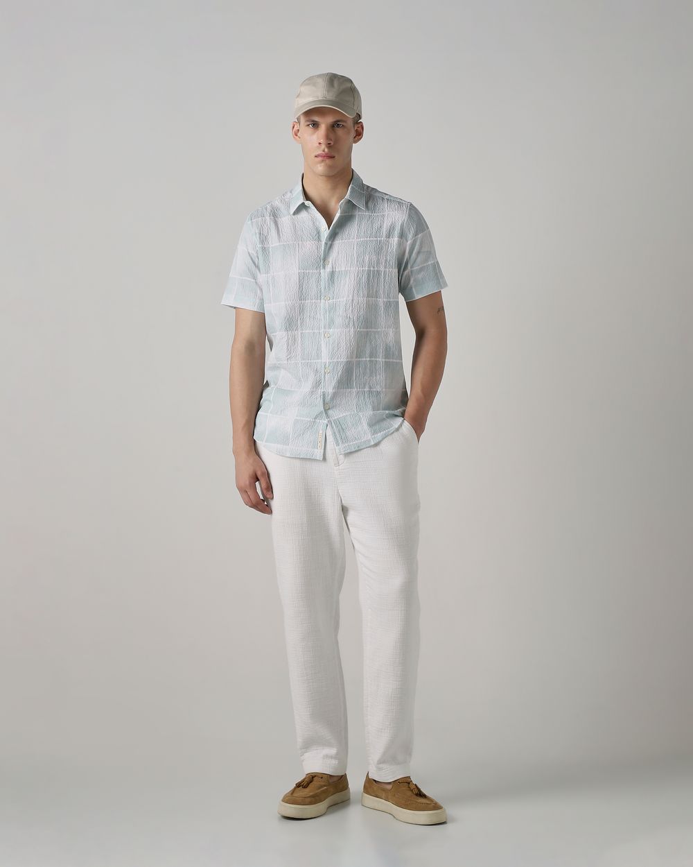 Sage Textured Check Stretch Slim Fit Casual Shirt
