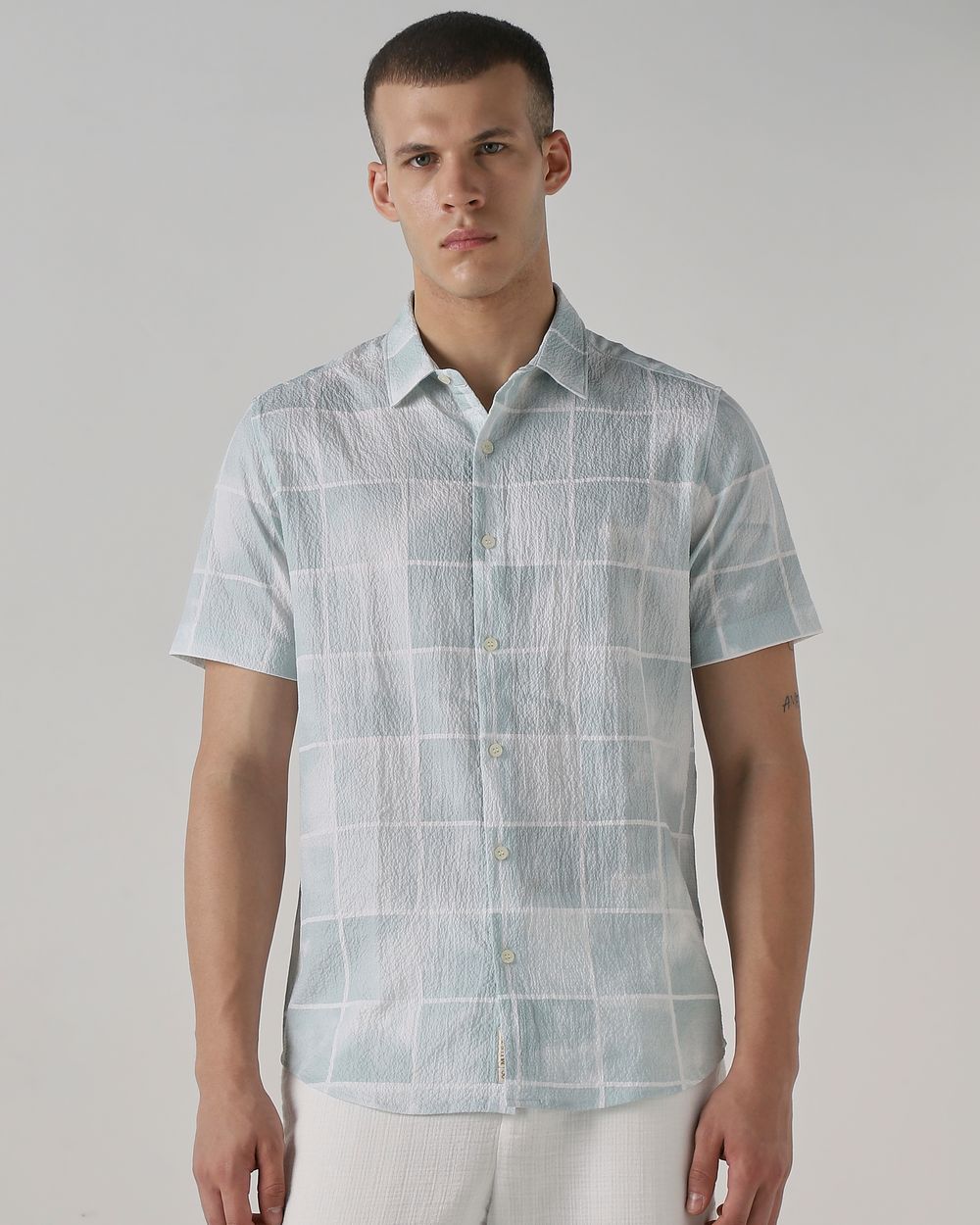 Sage Textured Check Stretch Slim Fit Casual Shirt