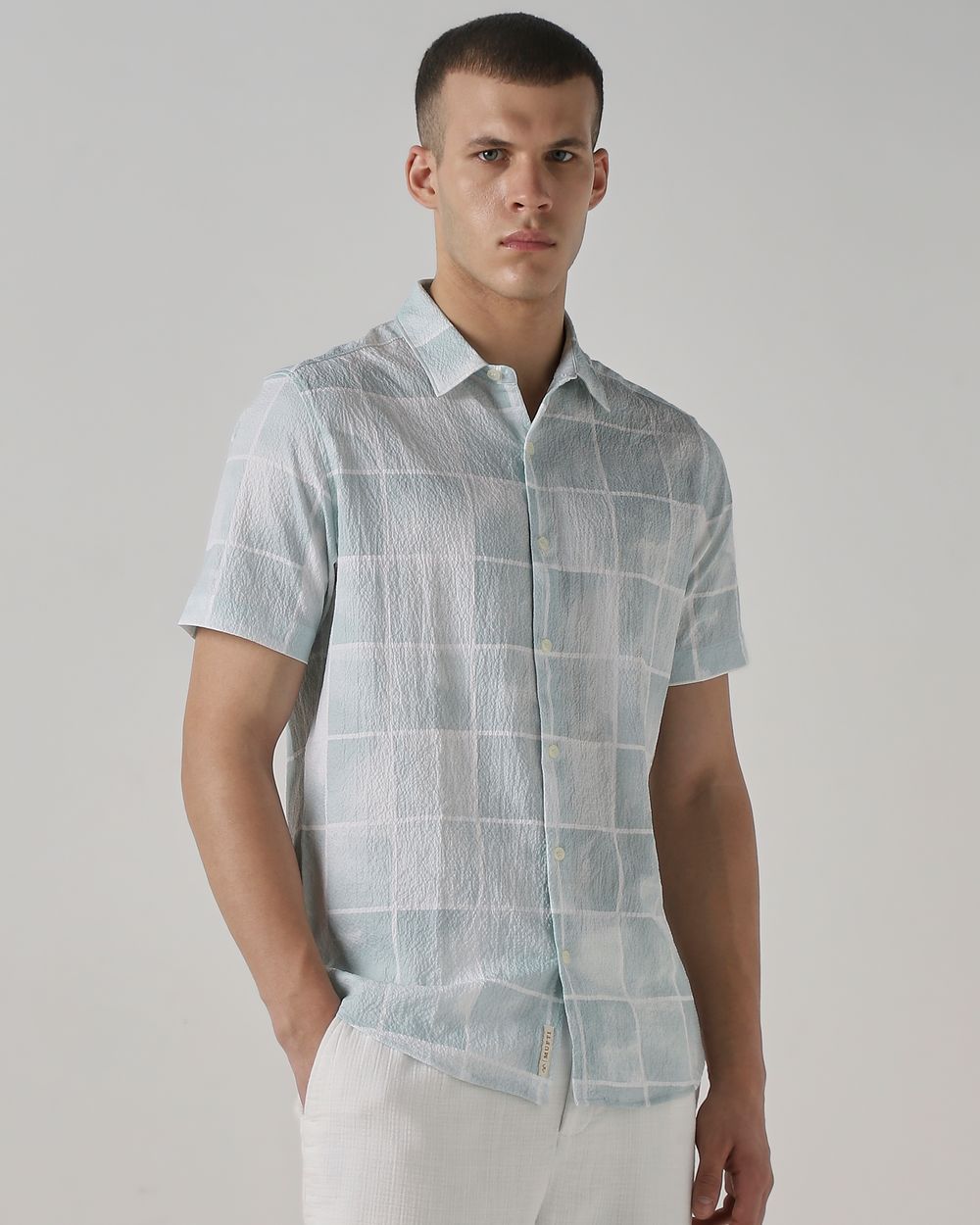 Sage Textured Check Stretch Slim Fit Casual Shirt