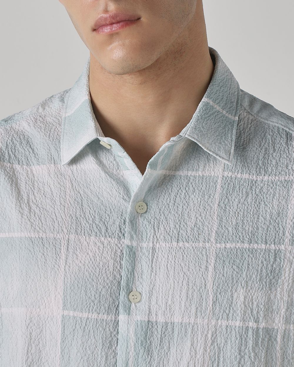 Sage Textured Check Stretch Slim Fit Casual Shirt