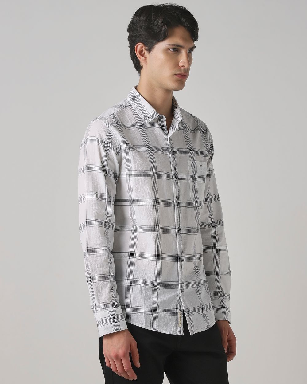 Grey Seersucker Check Slim Fit Casual Shirt
