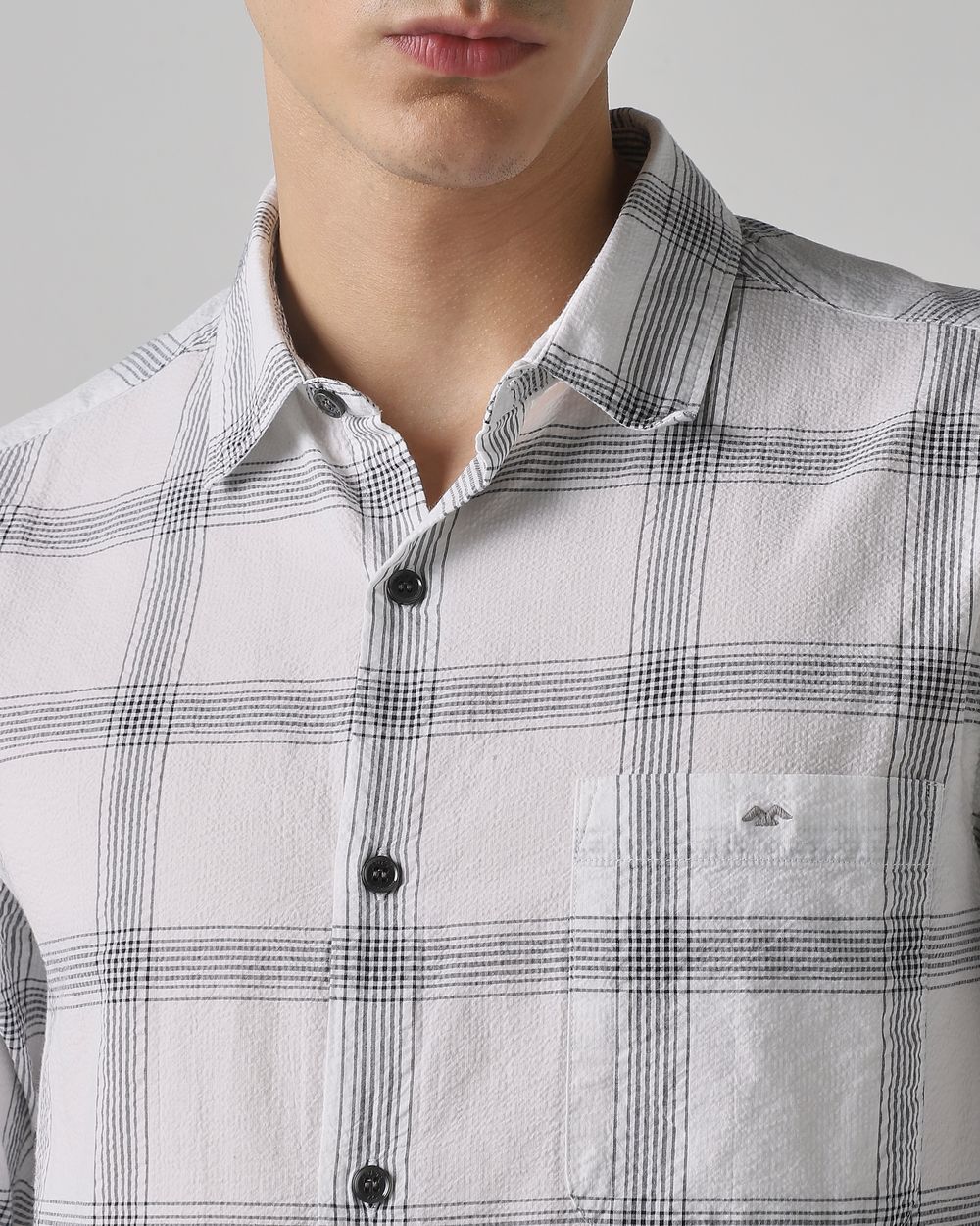Grey Seersucker Check Slim Fit Casual Shirt