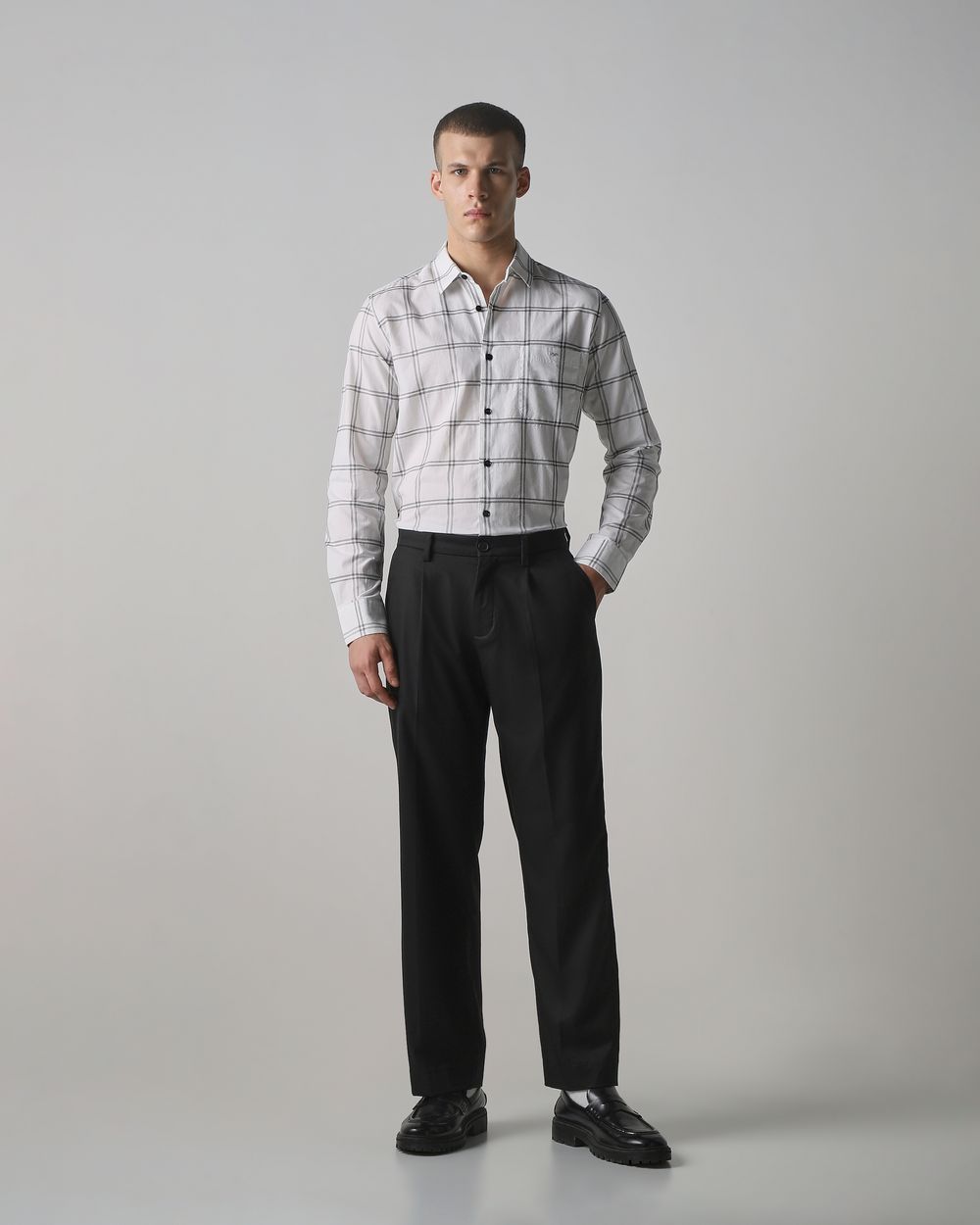 White Textured Check Slim Fit Casual Shirt