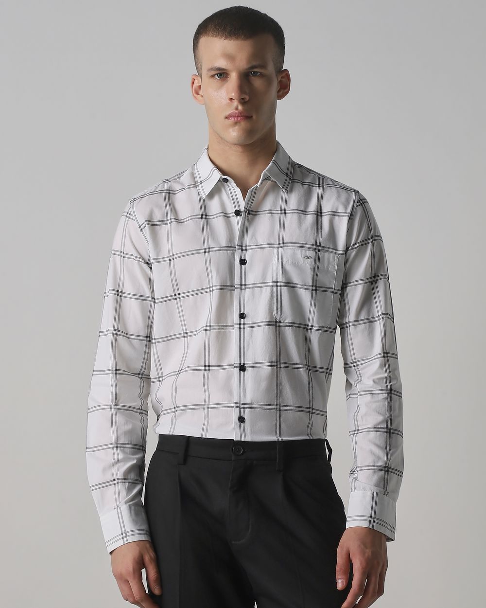 White Textured Check Slim Fit Casual Shirt