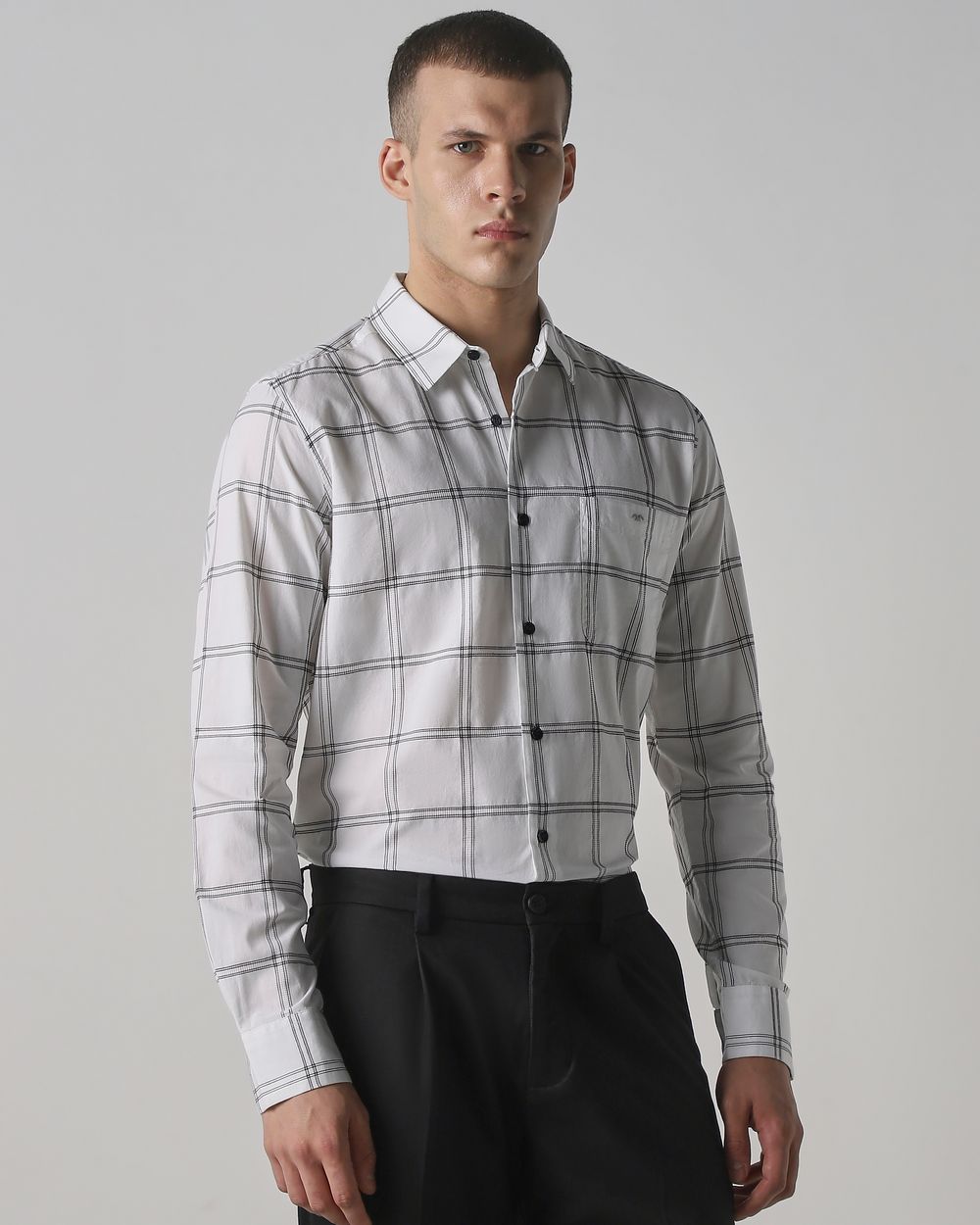 White Textured Check Slim Fit Casual Shirt