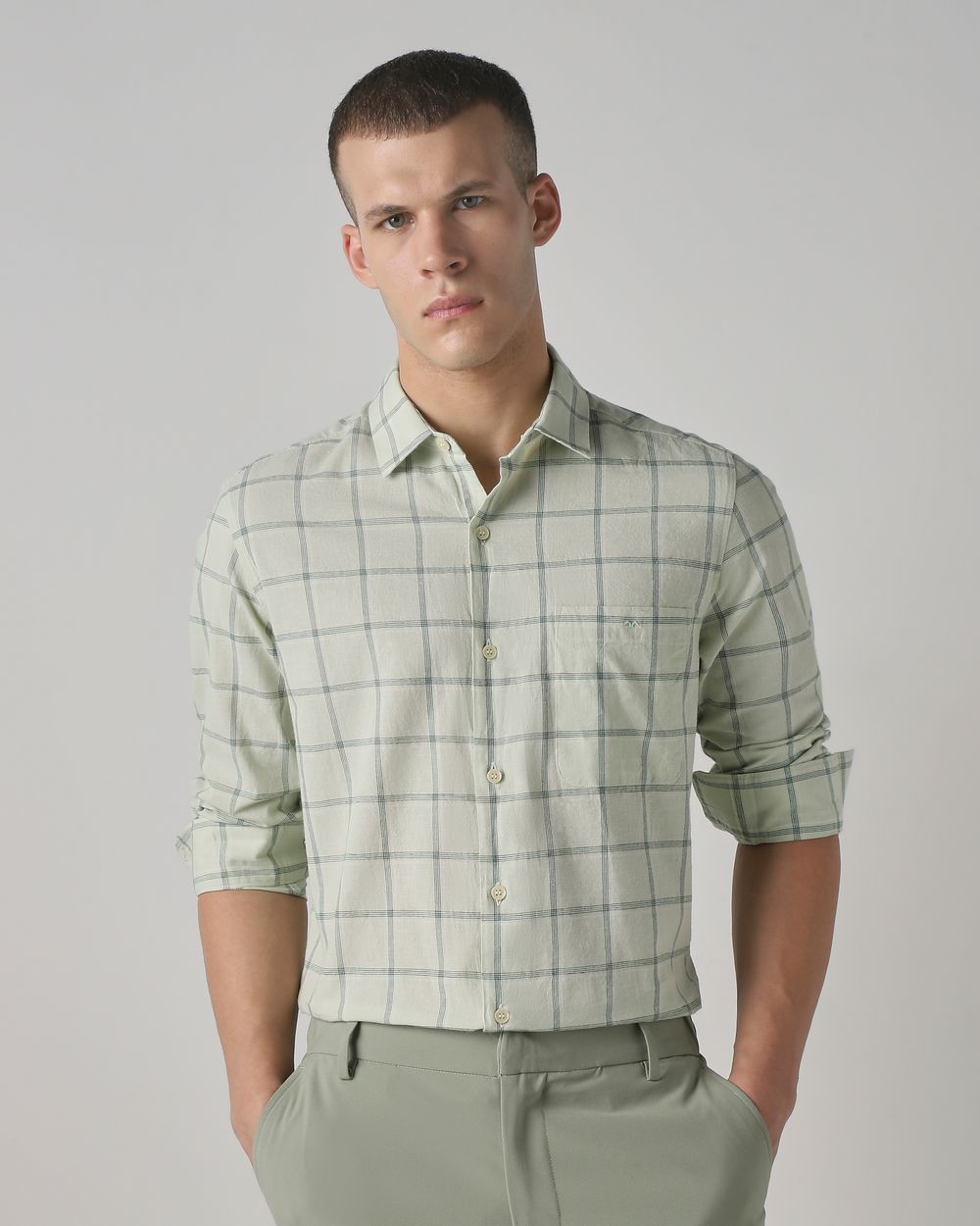 Sage Cotton Linen Check Slim Fit Casual Shirt