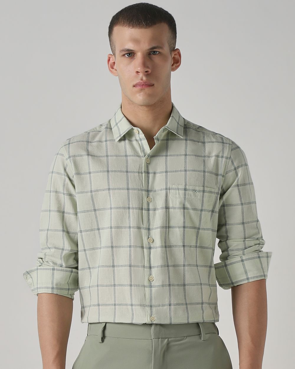 Sage Cotton Linen Check Slim Fit Casual Shirt