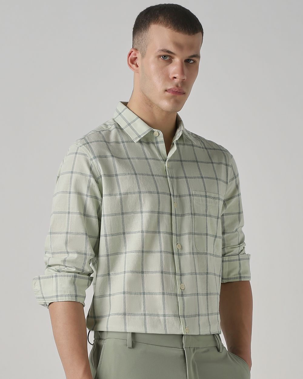 Sage Cotton Linen Check Slim Fit Casual Shirt