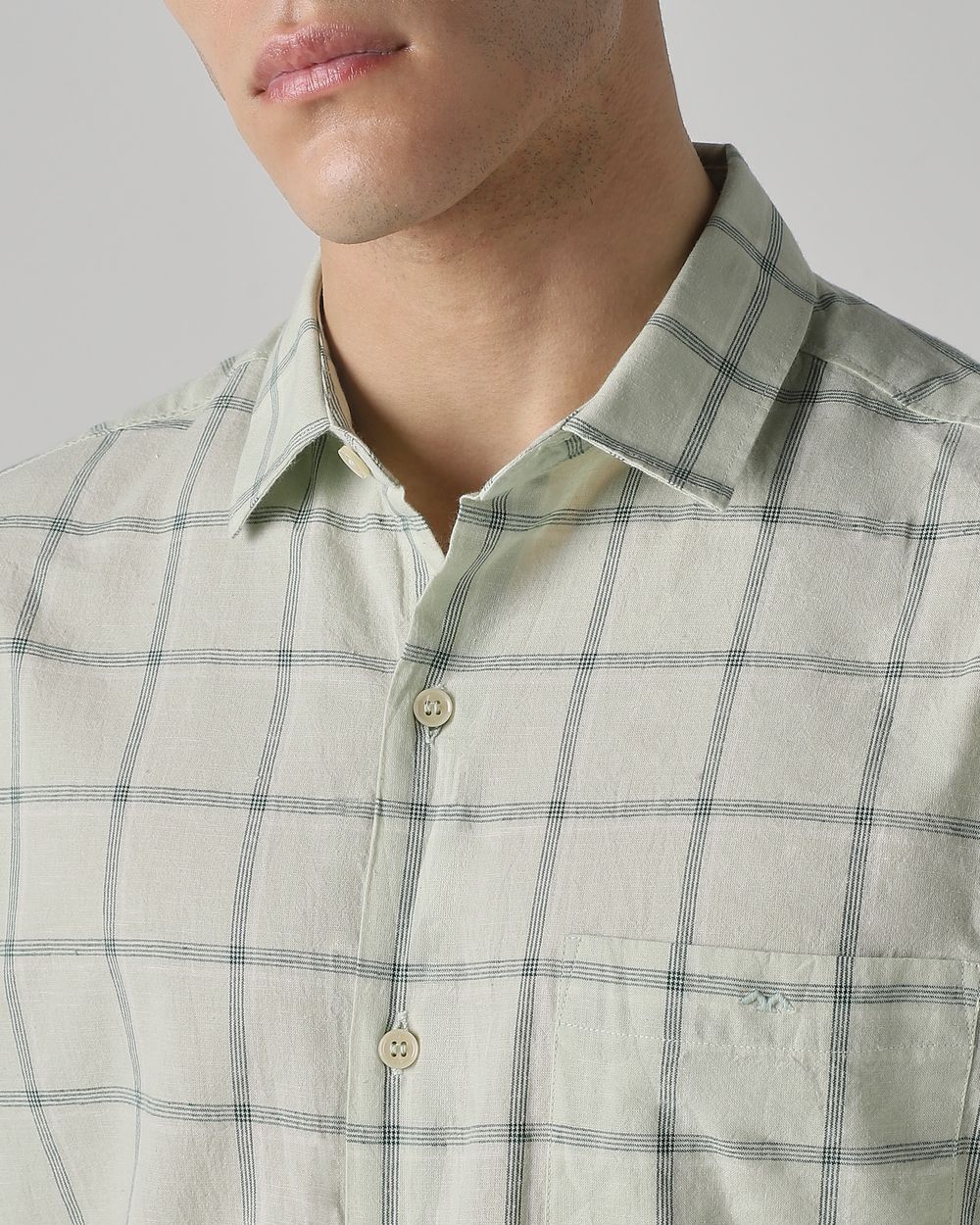 Sage Cotton Linen Check Slim Fit Casual Shirt