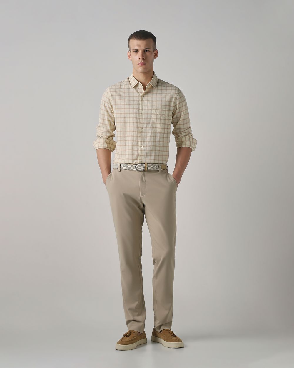 Beige Cotton Linen Check Slim Fit Casual Shirt