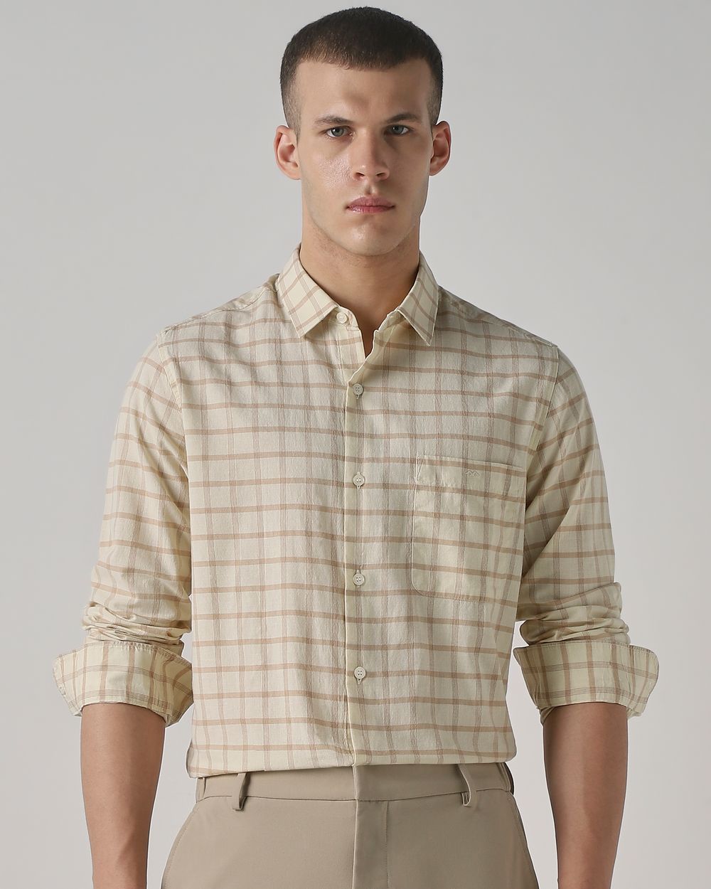 Beige Cotton Linen Check Slim Fit Casual Shirt