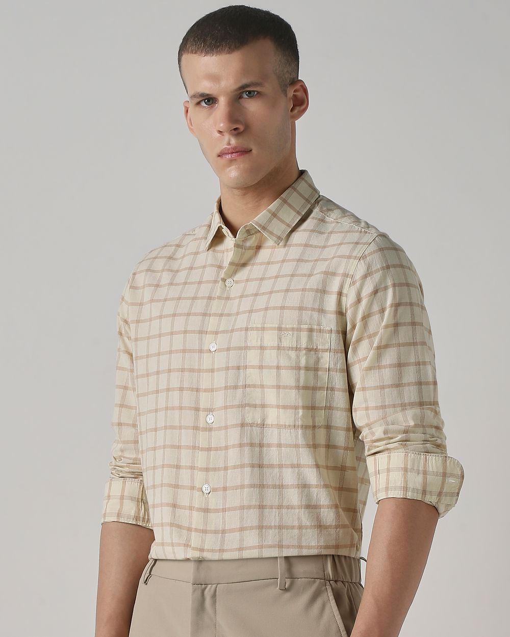 Beige Cotton Linen Check Slim Fit Casual Shirt