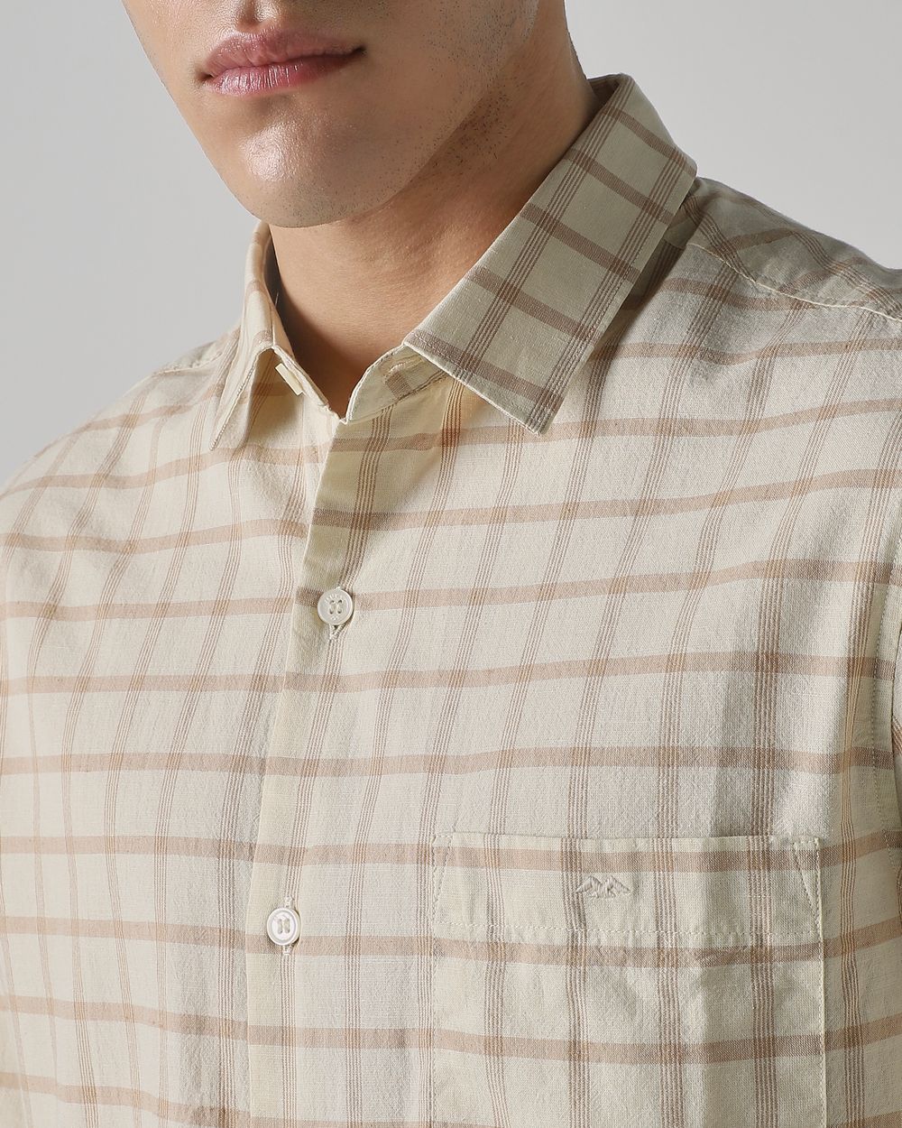 Beige Cotton Linen Check Slim Fit Casual Shirt