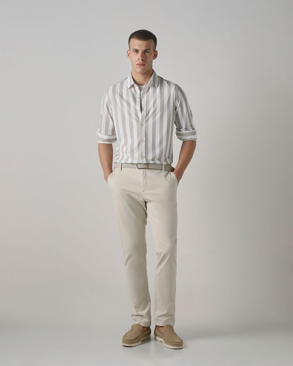 Light Grey Scuba Stripe Stretch Slim Fit Casual Shirt