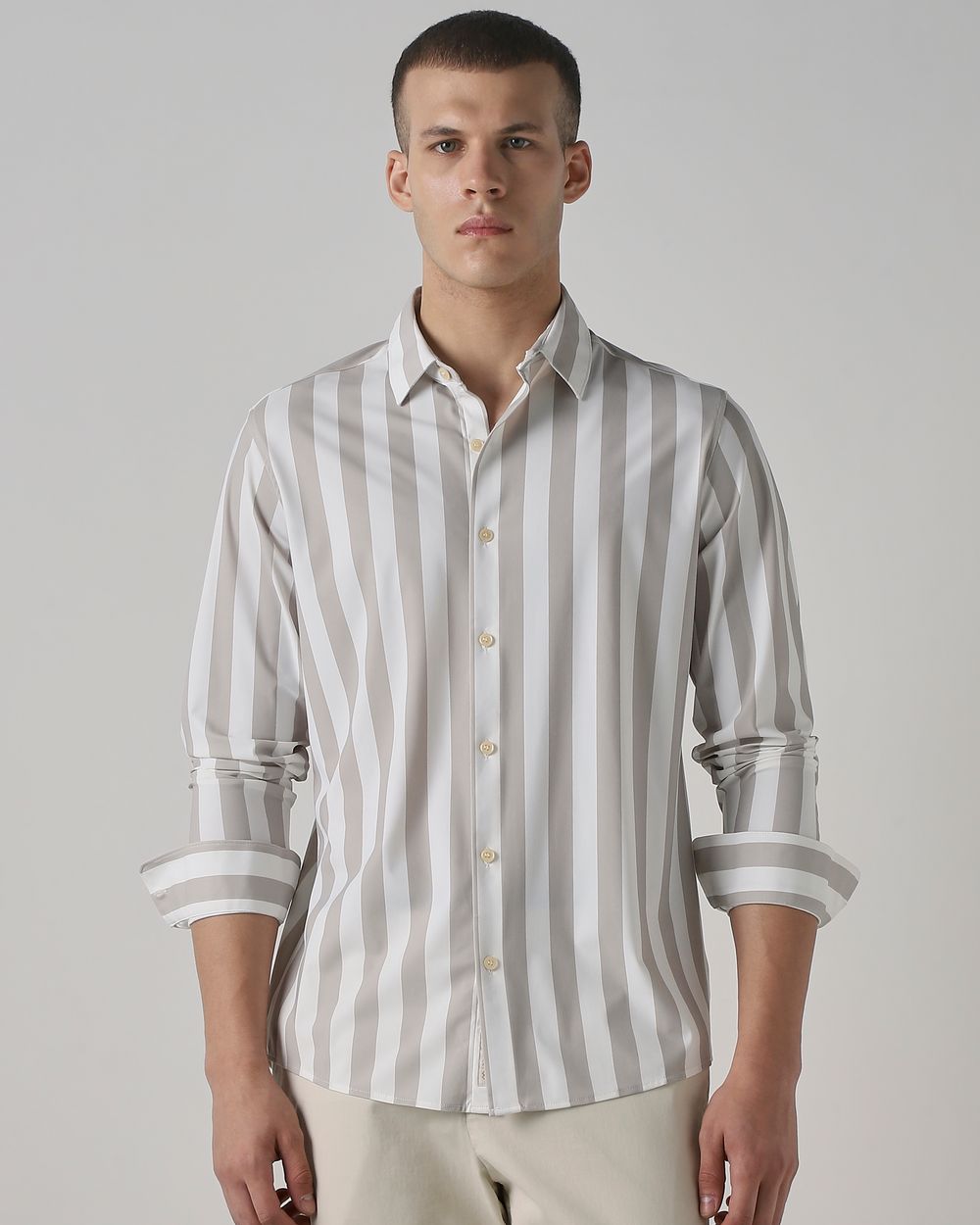 Light Grey Scuba Stripe Stretch Slim Fit Casual Shirt