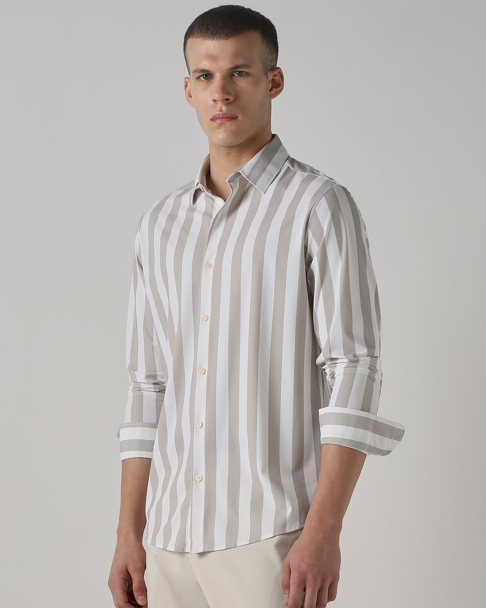 Light Grey Scuba Stripe Stretch Slim Fit Casual Shirt