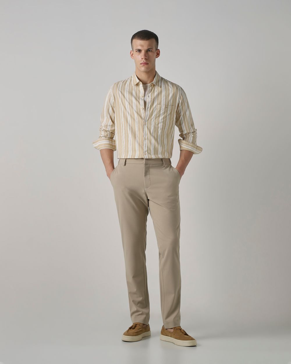 Beige Printed Stripe Slim Fit Casual Shirt