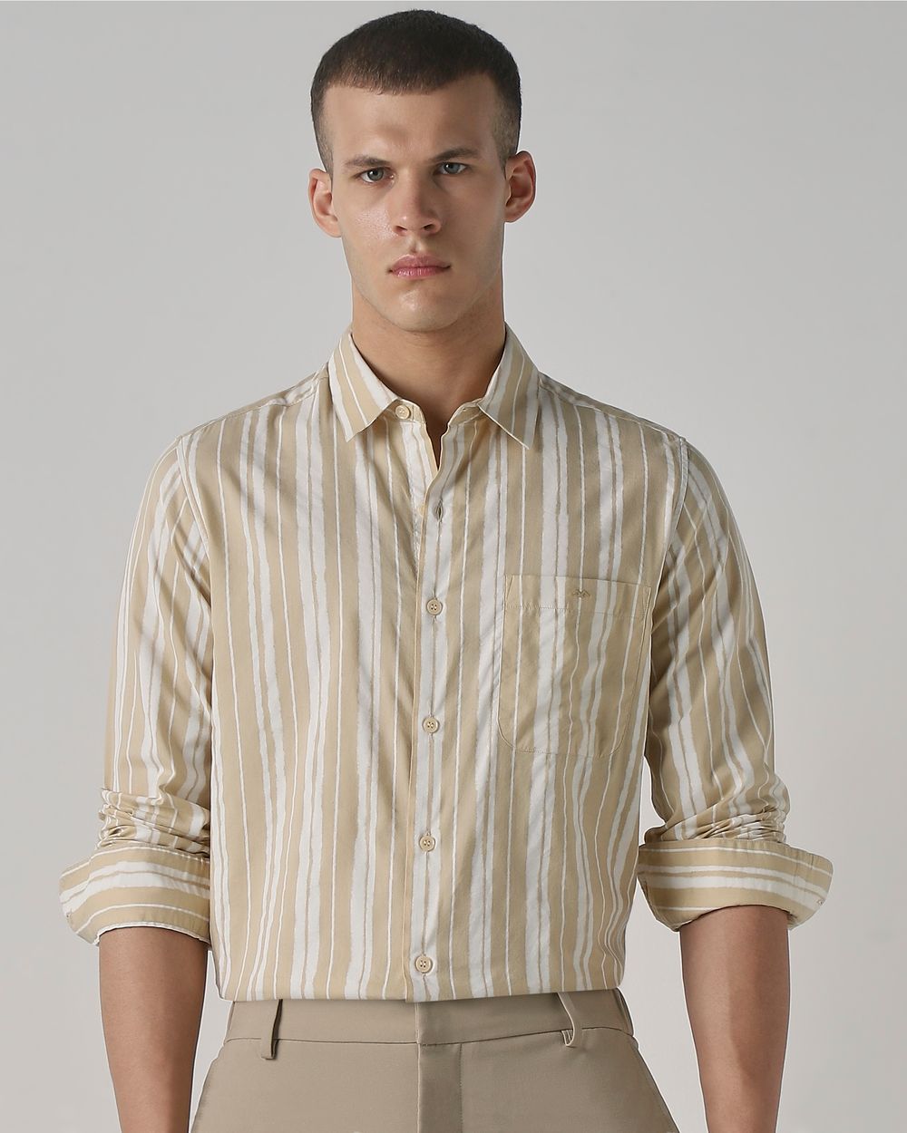 Beige Printed Stripe Slim Fit Casual Shirt