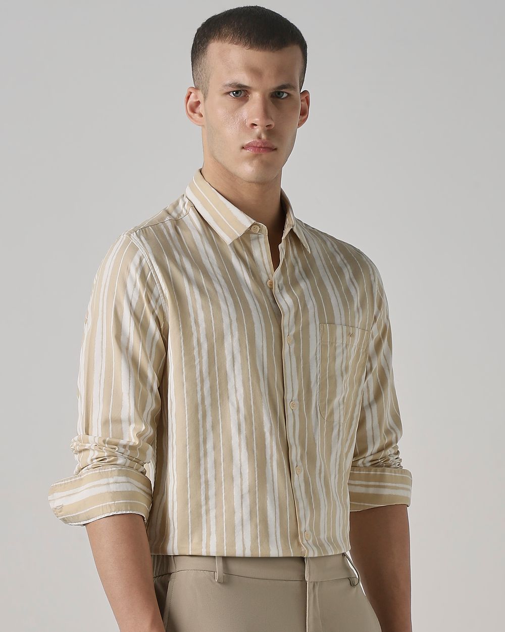 Beige Printed Stripe Slim Fit Casual Shirt