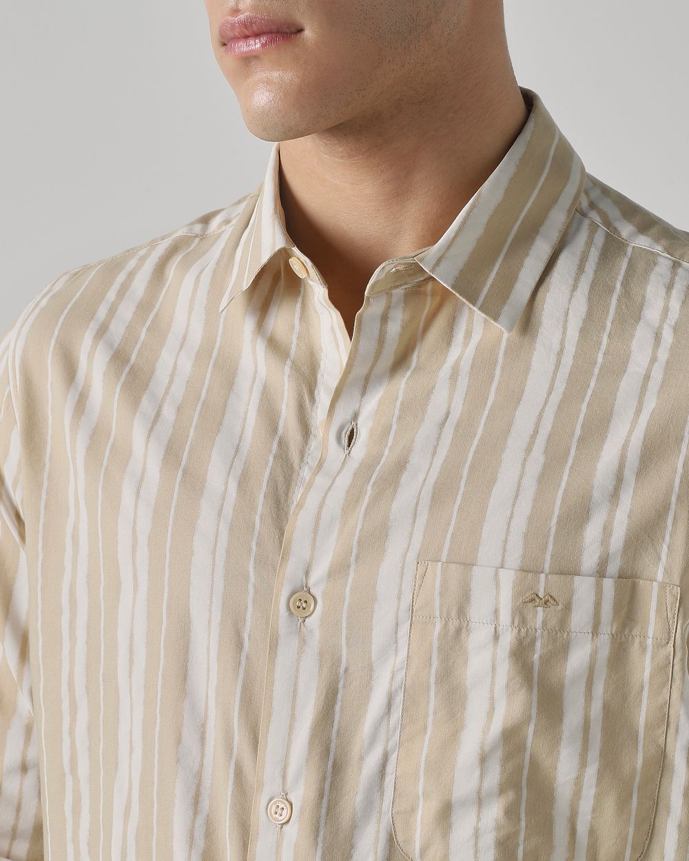 Beige Printed Stripe Slim Fit Casual Shirt