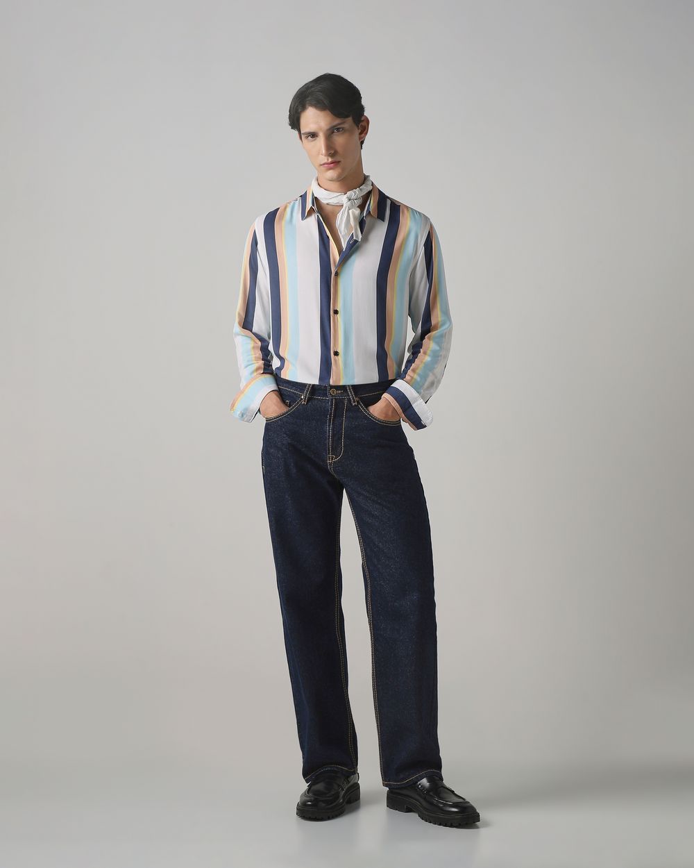 Multicolour Printed Stripe Slim Fit Casual Shirt