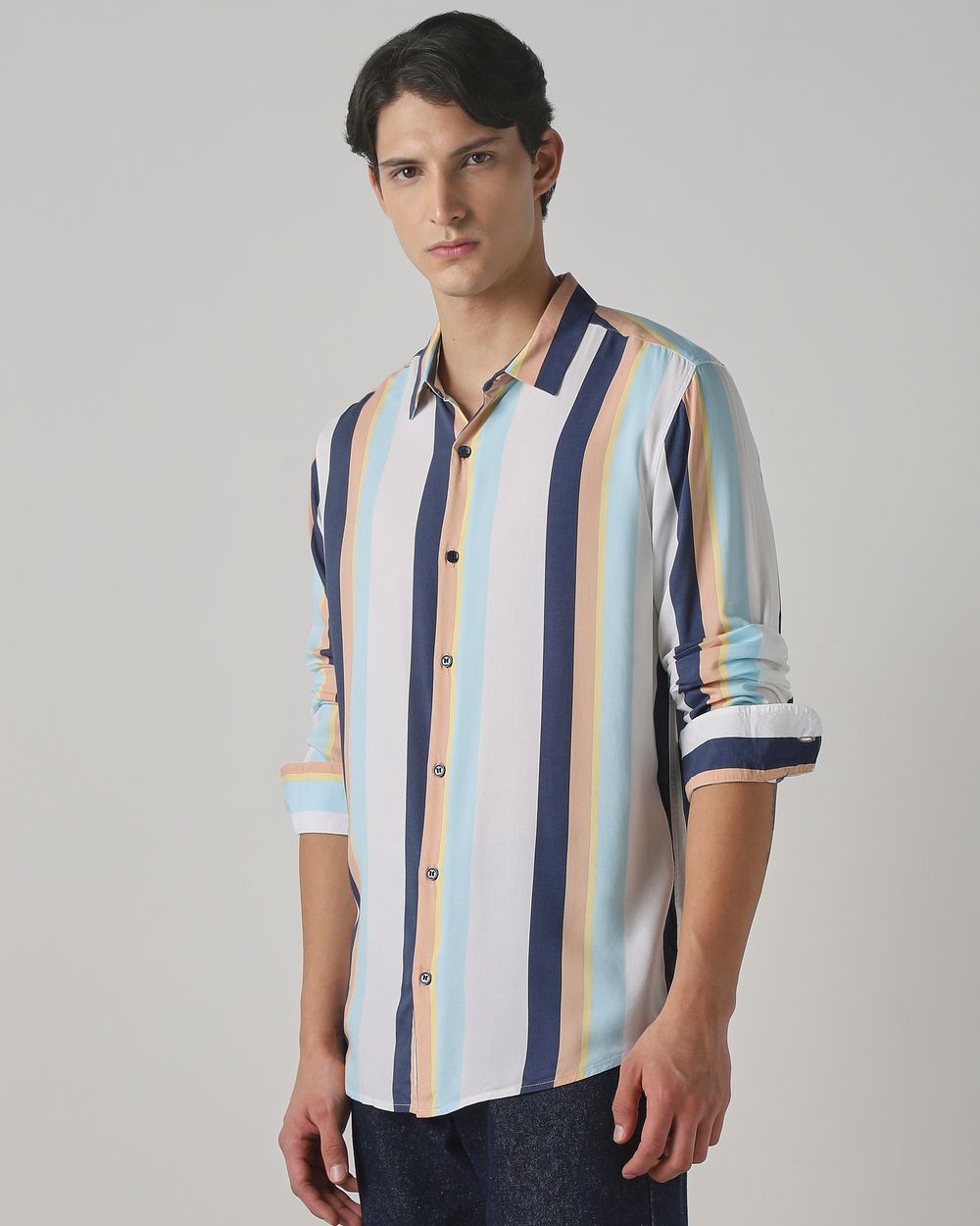 Multicolour Printed Stripe Slim Fit Casual Shirt