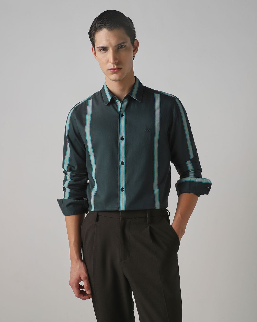 Dark Green Satin Stripe Slim Fit Casual Shirt