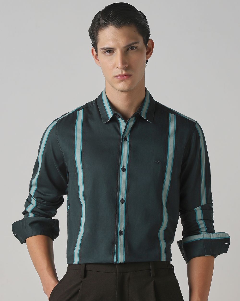 Dark Green Satin Stripe Slim Fit Casual Shirt