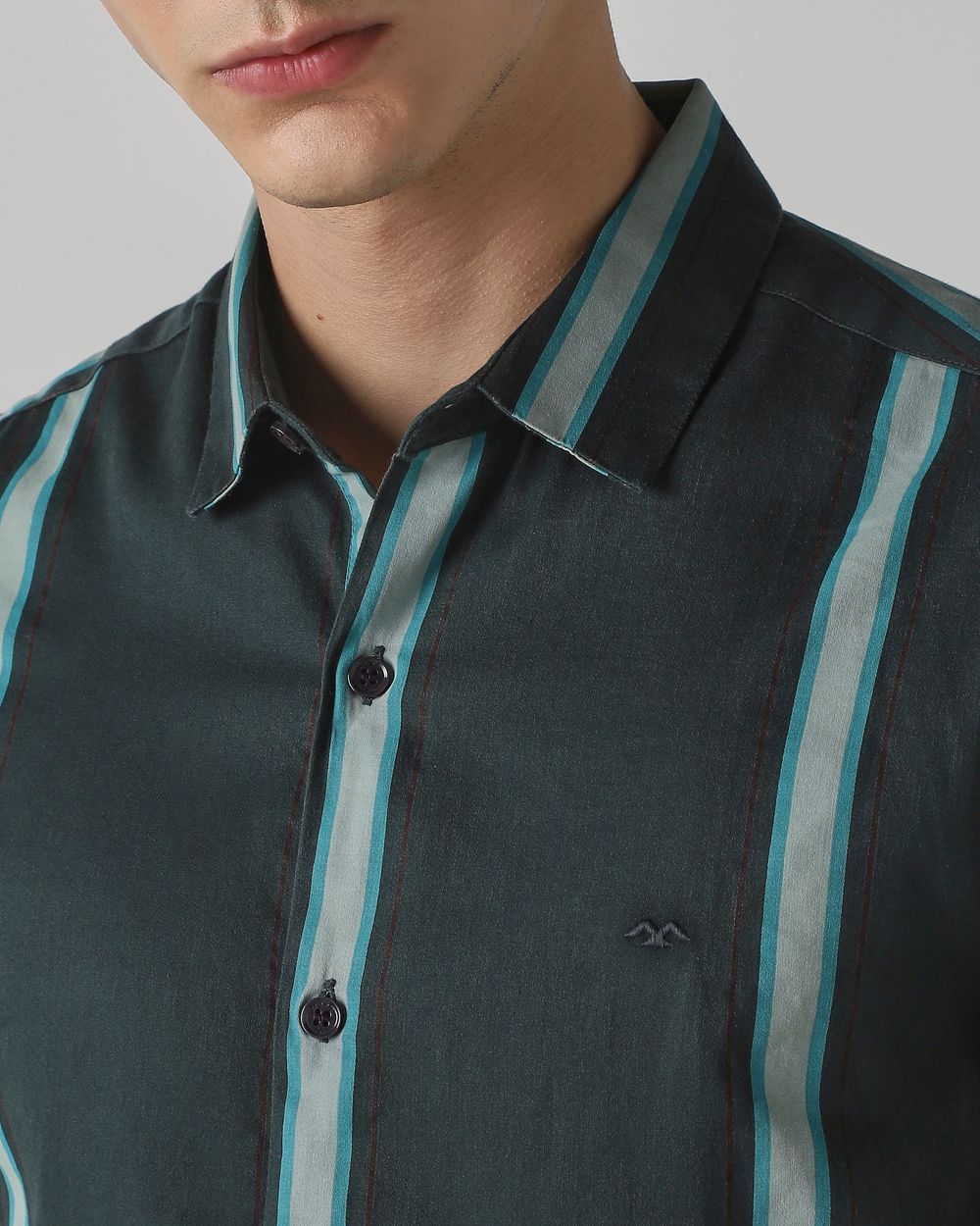 Dark Green Satin Stripe Slim Fit Casual Shirt
