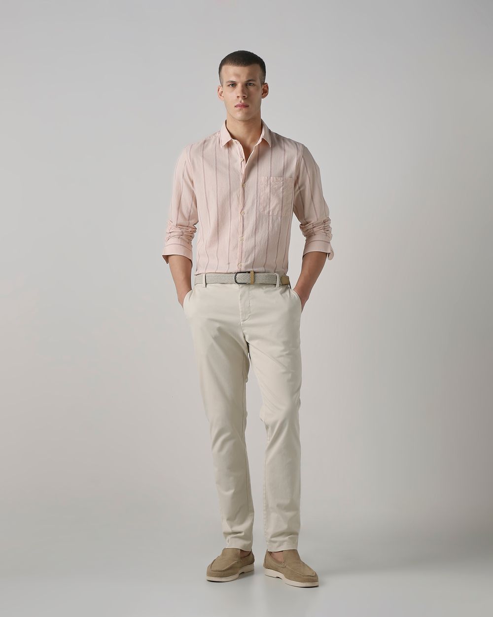 Pastel Pink Cotton Linen Stripe Slim Fit Casual Shirt