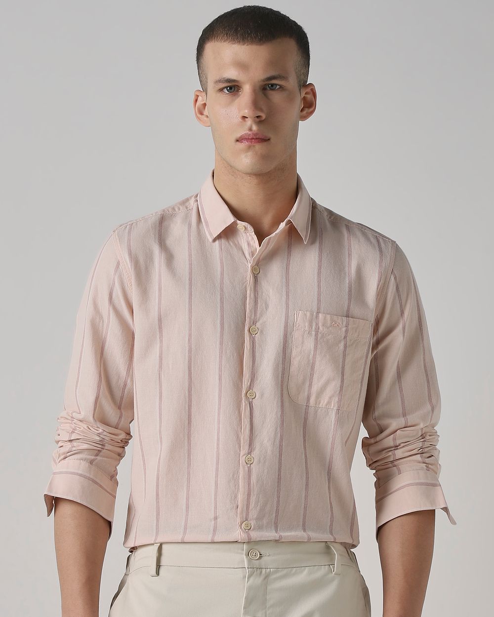 Pastel Pink Cotton Linen Stripe Slim Fit Casual Shirt