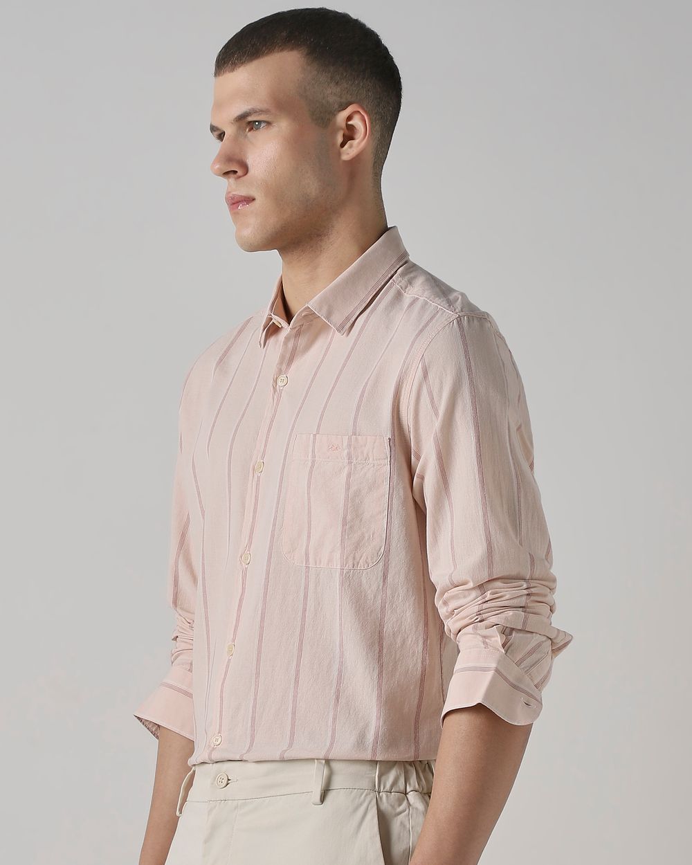 Pastel Pink Cotton Linen Stripe Slim Fit Casual Shirt