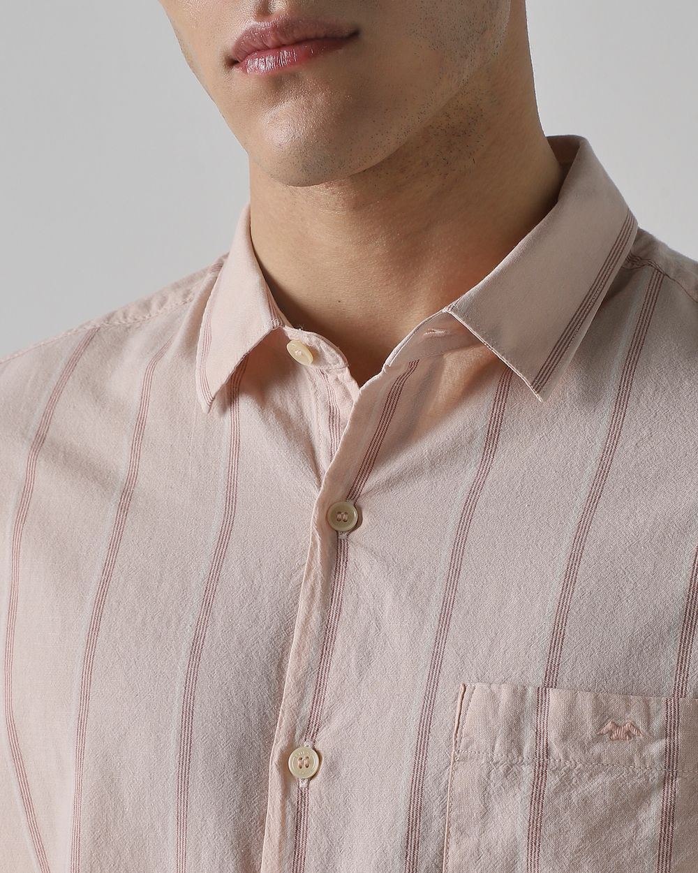 Pastel Pink Cotton Linen Stripe Slim Fit Casual Shirt
