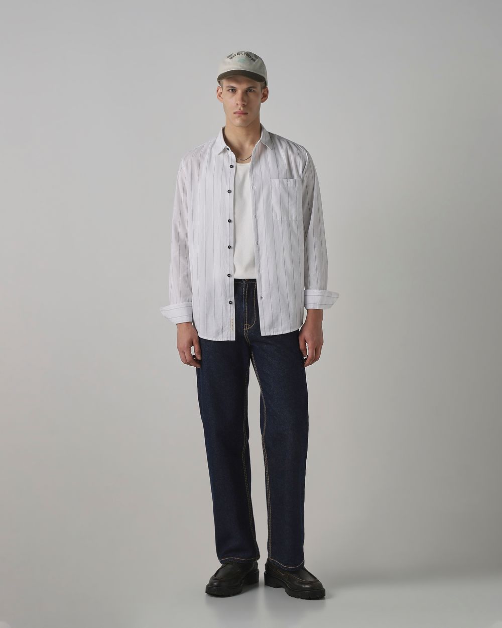 White Cotton Linen Stripe Slim Fit Casual Shirt