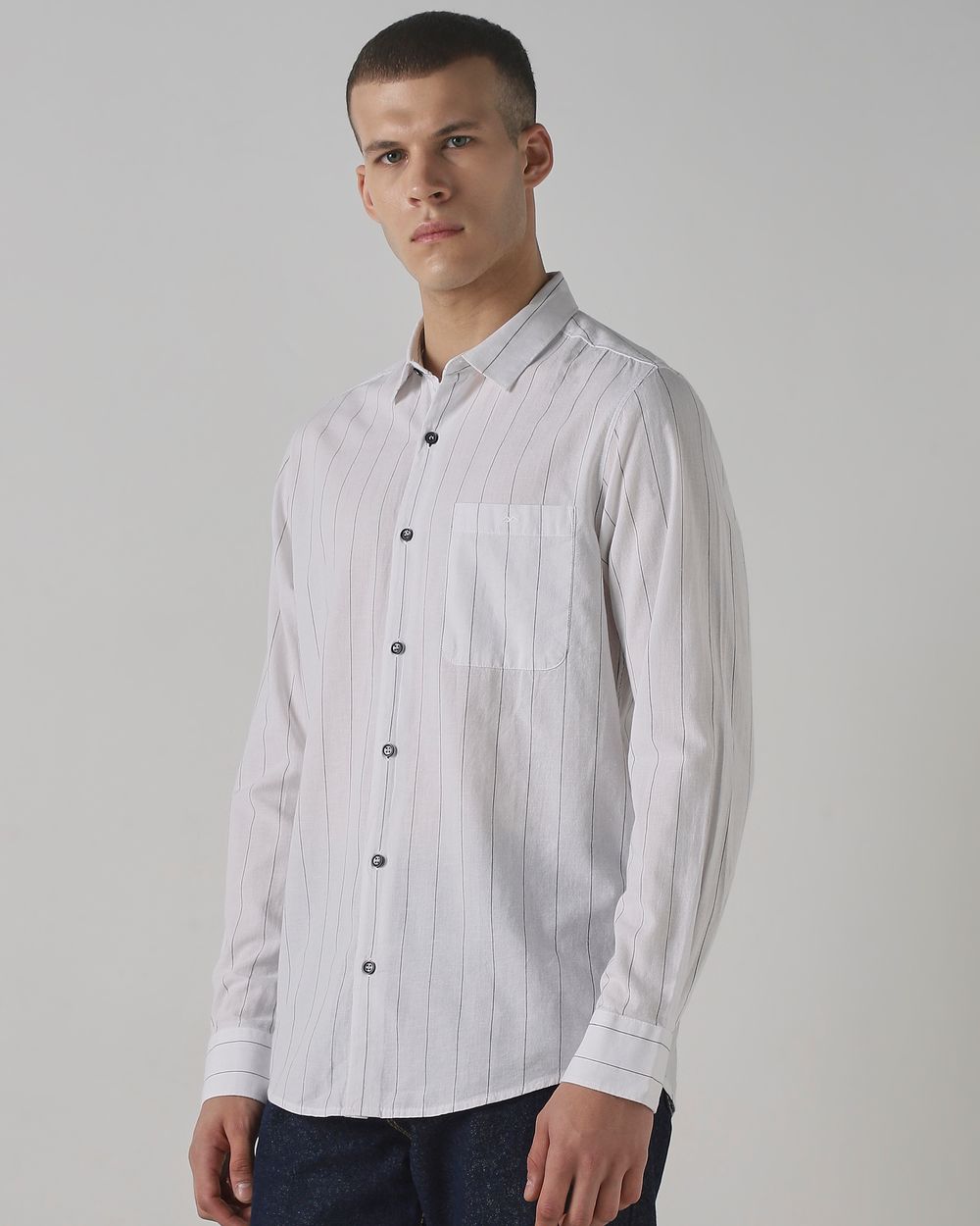White Cotton Linen Stripe Slim Fit Casual Shirt