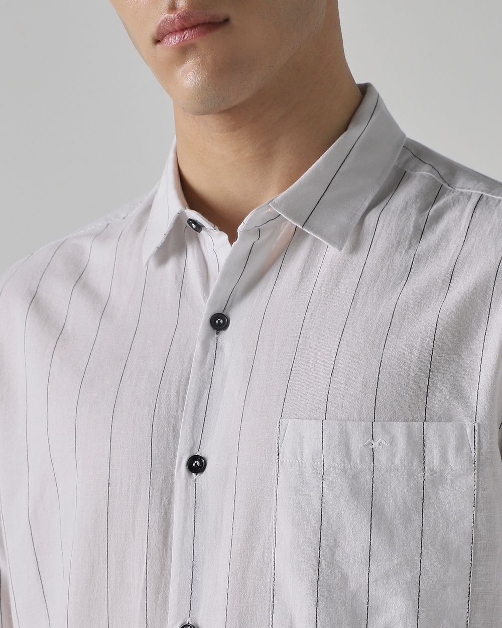 White Cotton Linen Stripe Slim Fit Casual Shirt