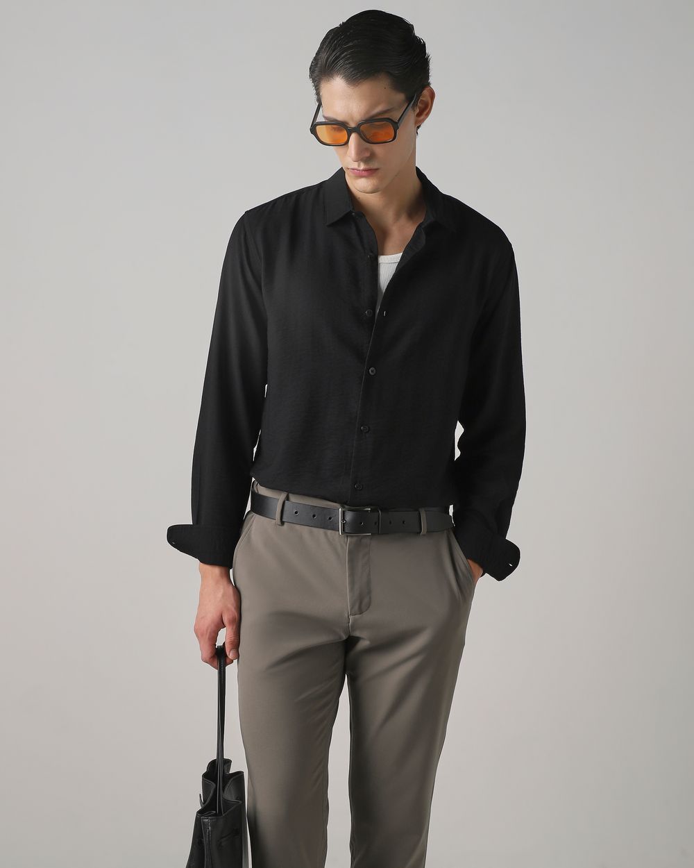Black Textured Plain Slim Fit Casual Shirt