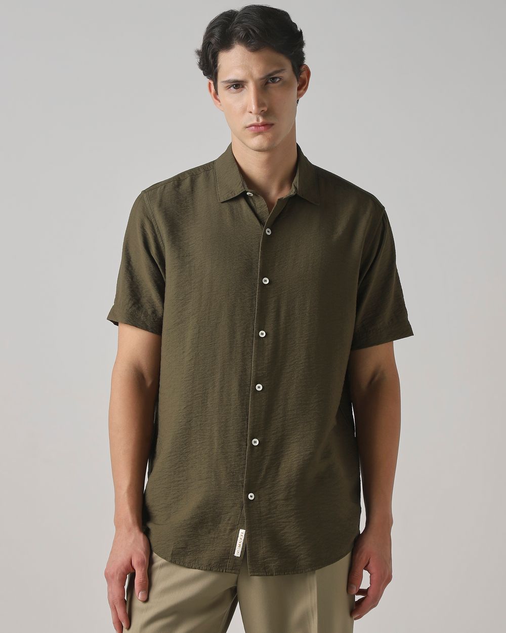 Olive Textured Plain Slim Fit Casual Shirt