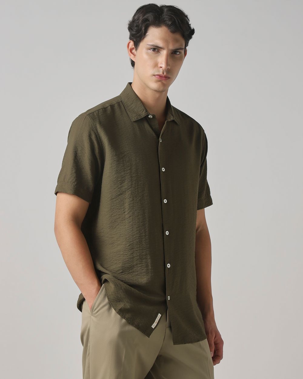 Olive Textured Plain Slim Fit Casual Shirt