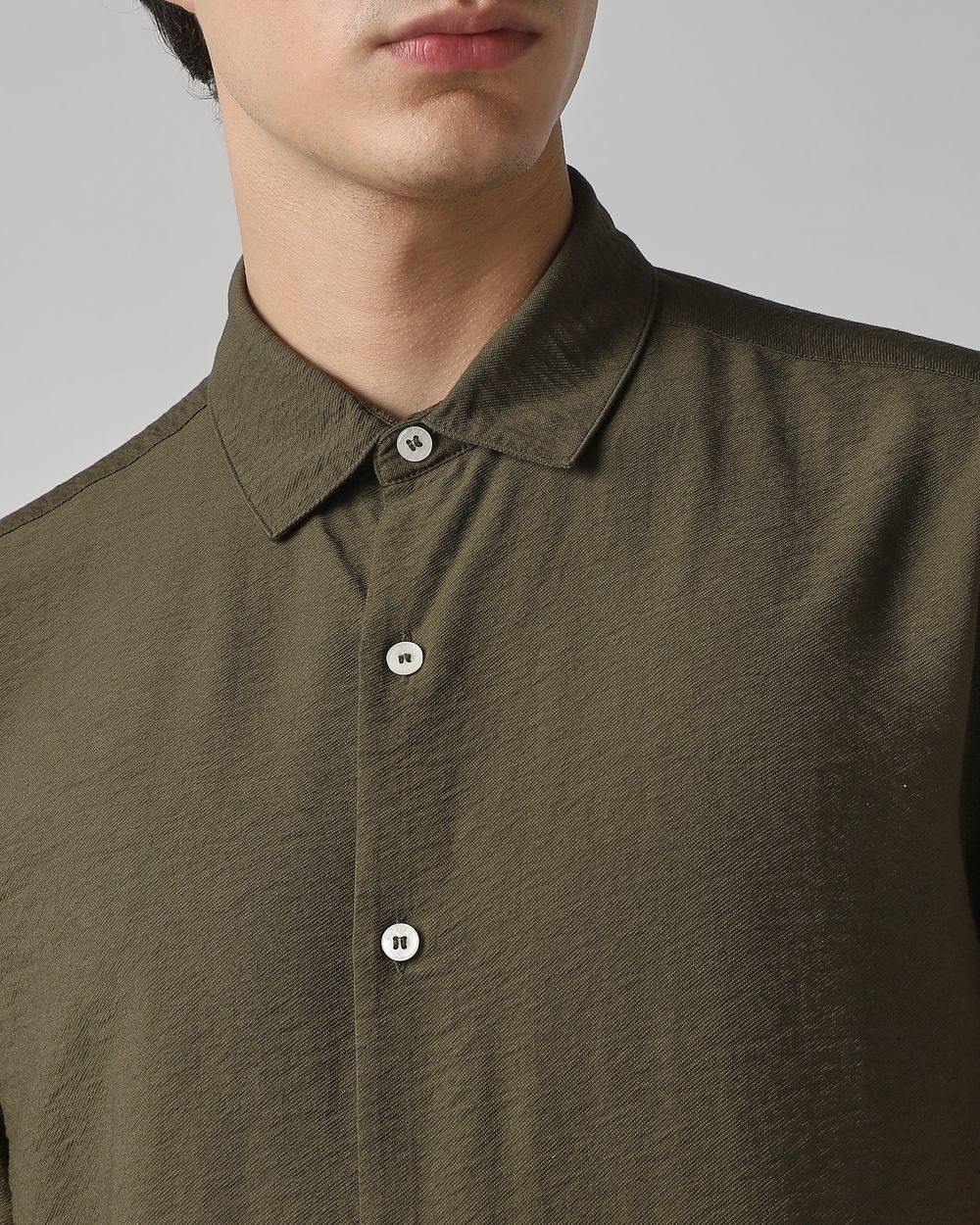 Olive Textured Plain Slim Fit Casual Shirt